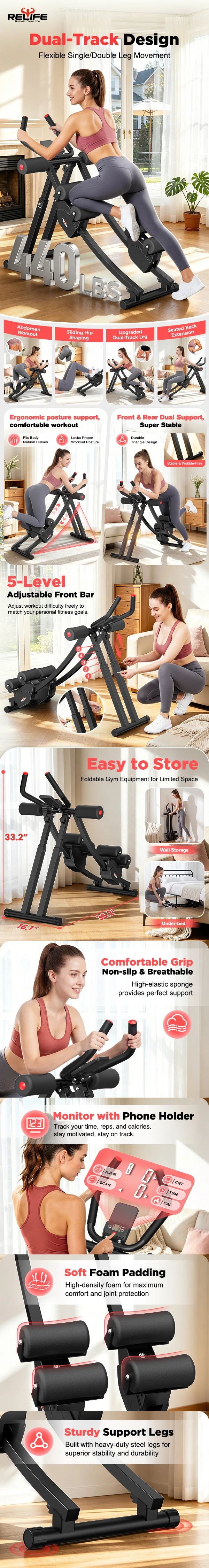 Relife Sports Dual Split‑Track Ab Machine, Foldable Core Trainer for Home Fitness, 5‑Level Adjustable Resistance Workout Equipment, 440 LBS Capacity with LCD Display
