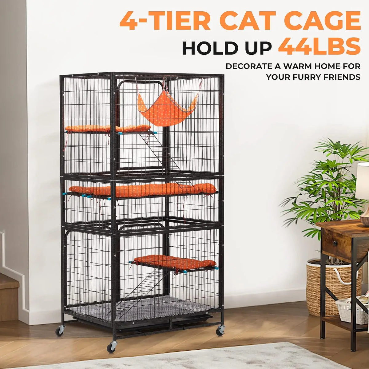 4-Tier Cat Cage Indoor, Large Wire Ferret Cage with Hammock, Ladders, Wheels for Small Pets, Black