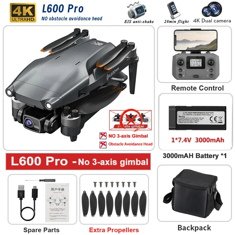Dron GPS L600 PRO / PRO MAX Profesional 4K con Cámara Dual HD PTZ de 3 Ejes, Evitación de Obstáculos, Motor sin Escobillas, WIFI 5G, Dron de Seguridad
