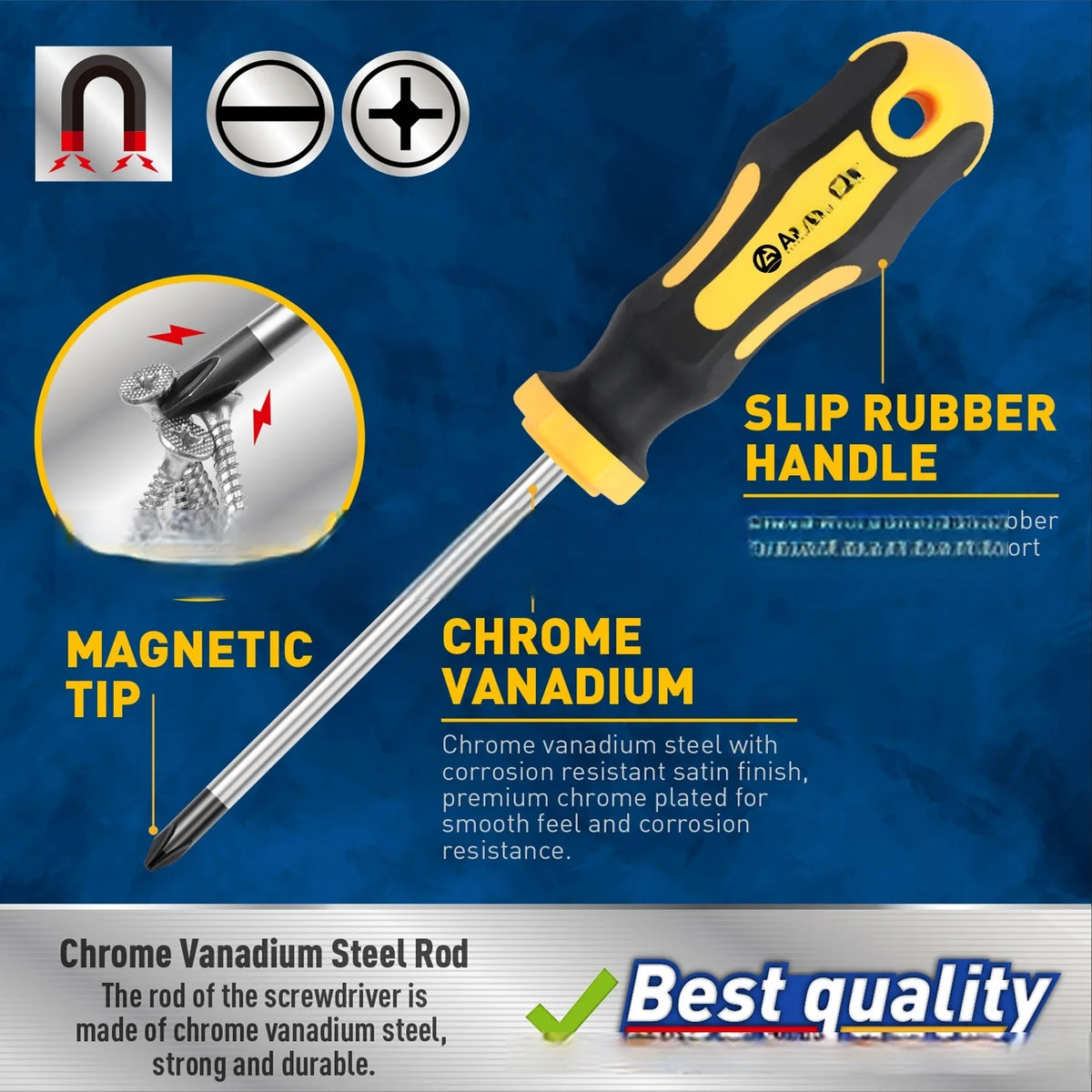 10-piece magnetic screwdriver set features Phillips and flathead tips with professional cushioned grip