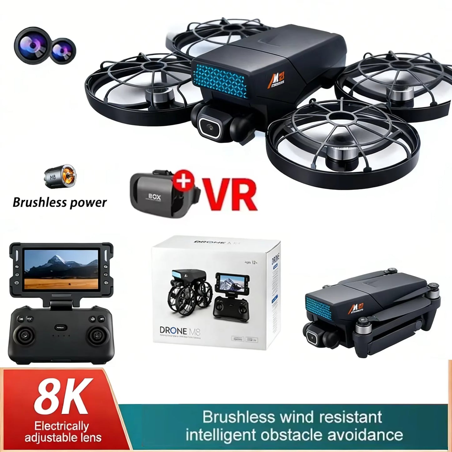 Dron M8 GPS FPV con Cámara 8K, Quadcopter Plegable con Motor sin Escobillas, Evitación de Obstáculos de 360 Grados, WiFi FPV, Retorno Automático RC para Adultos
