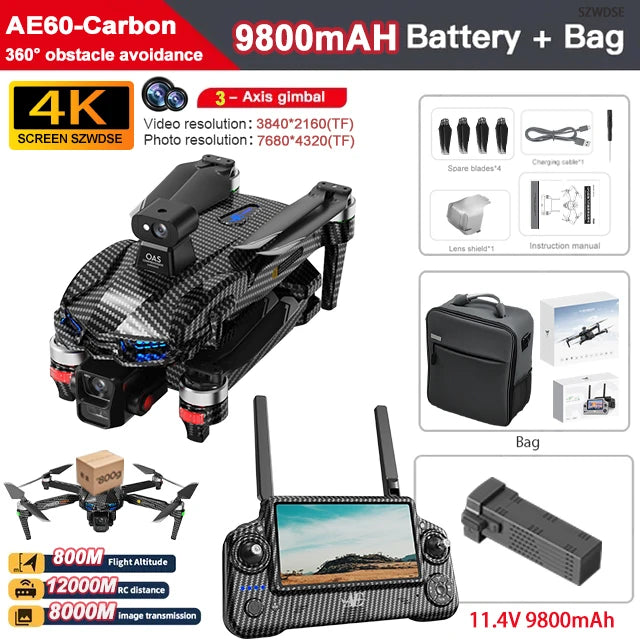 Nuevo Dron AE60 con GPS, Cámara HD Profesional 8K, Gimbal de 3 Ejes sin Escobillas, Evitación de Obstáculos, Pantalla Táctil, Lanzamiento Aéreo, FPV, Drones de Seguridad