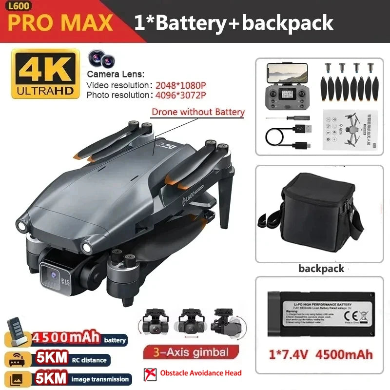 Dron L600 PRO / L600 PRO MAX 4K Profesional HD con Cámaras Duales, Gimbal de 3 Ejes, WIFI 5G, Sin Escobillas, con Evitación de Obstáculos y Seguridad