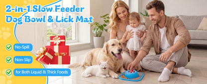 Slow Feeder Dog Bowls & Lick Mat for Liquid and Thick Treat, Anti-Slip Dog Lick Bowl with Interactive Rolling Ball, 5/6 Cup Pup Licking Toy for Large Medium Small Dogs and Cats Blue