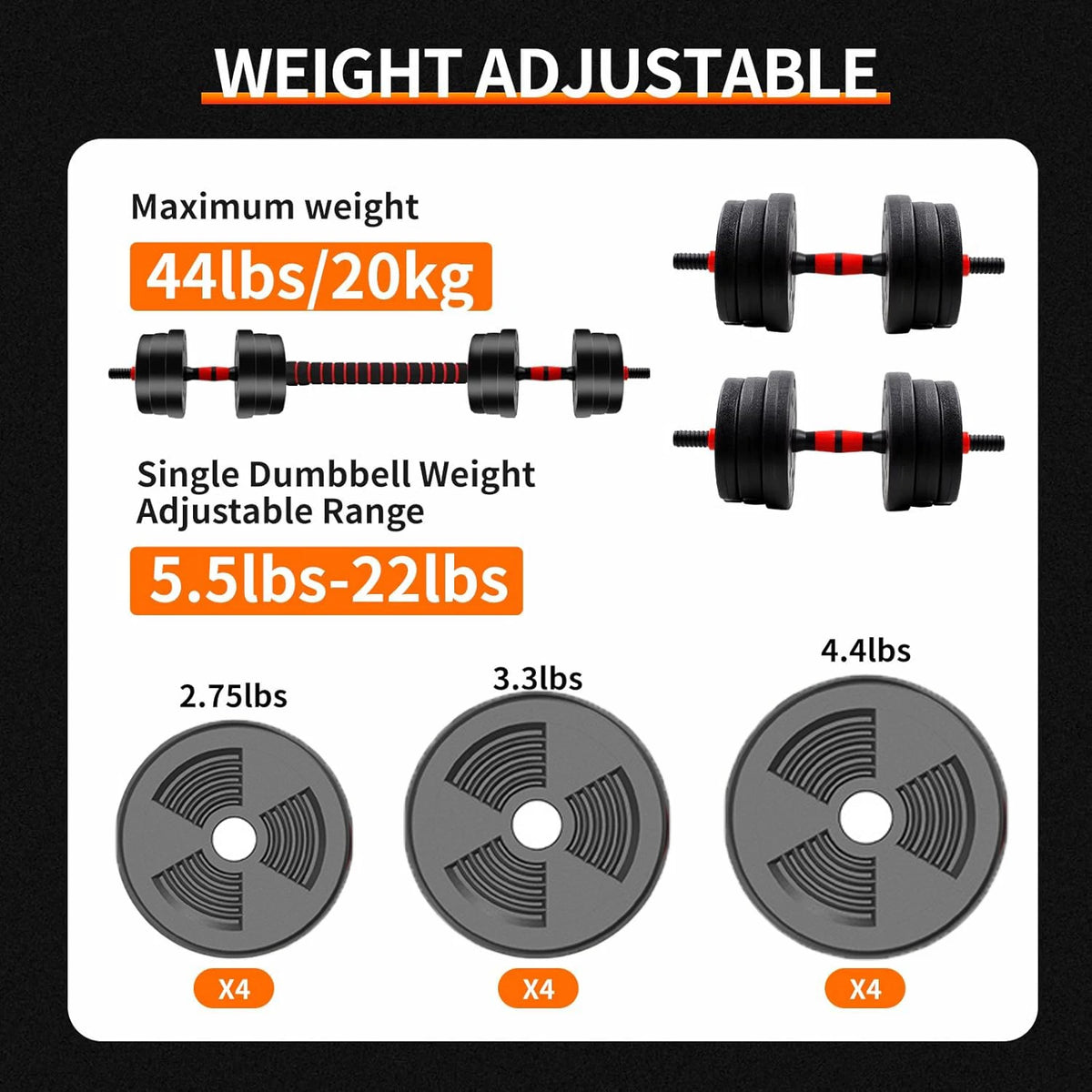 5-44lb Adjustable Dumbbell to Barbell Set, Anti-Slip Grip, Versatile Home Gym Fitness Strength Training Barbell Weight Plates