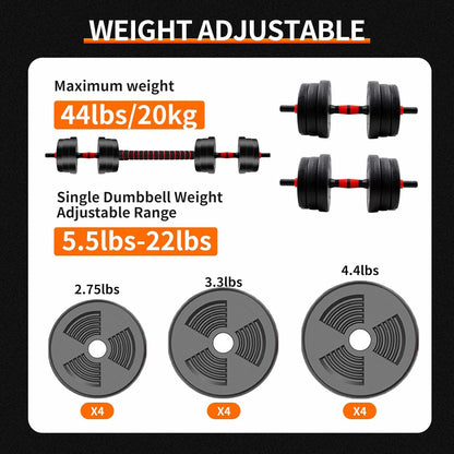 5-44lb Adjustable Dumbbell to Barbell Set, Anti-Slip Grip, Versatile Home Gym Fitness Strength Training Barbell Weight Plates