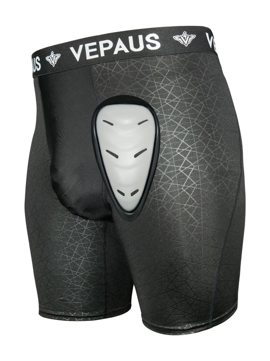 VEPAUS Pantalones cortos deportivos de compresión para hombre con bolsillo protector para copas, diseño impreso y ajuste de rendimiento Béisbol, hockey, MMA