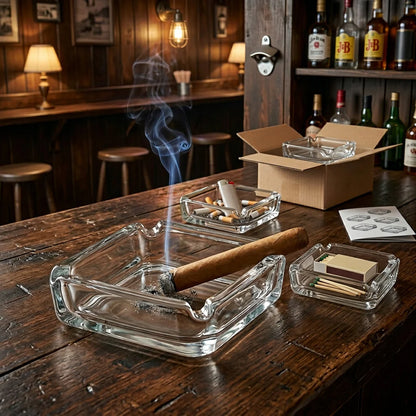 Set of 3 Premium Glass Ashtrays, Elegant Square Design, Easy to Clean and High Durability