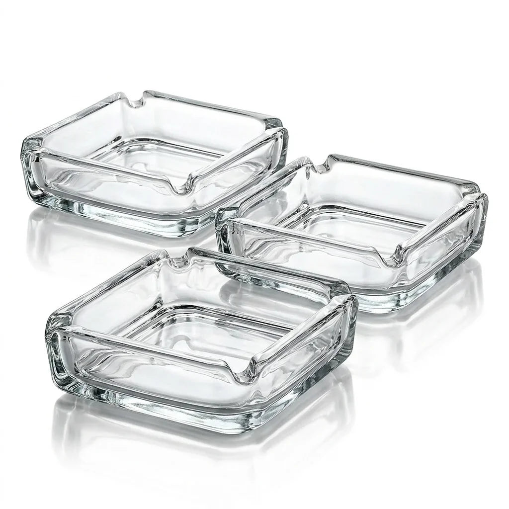 Set of 3 Premium Glass Ashtrays, Elegant Square Design, Easy to Clean and High Durability