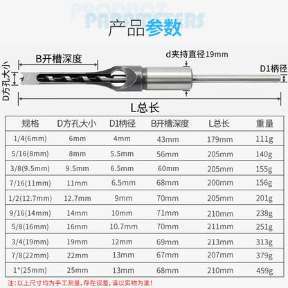 HSS Square Hole Drill Set - Auger Mortising Chisel Bit, Woodworking Drilling Tool, For DIY Furniture 1pc