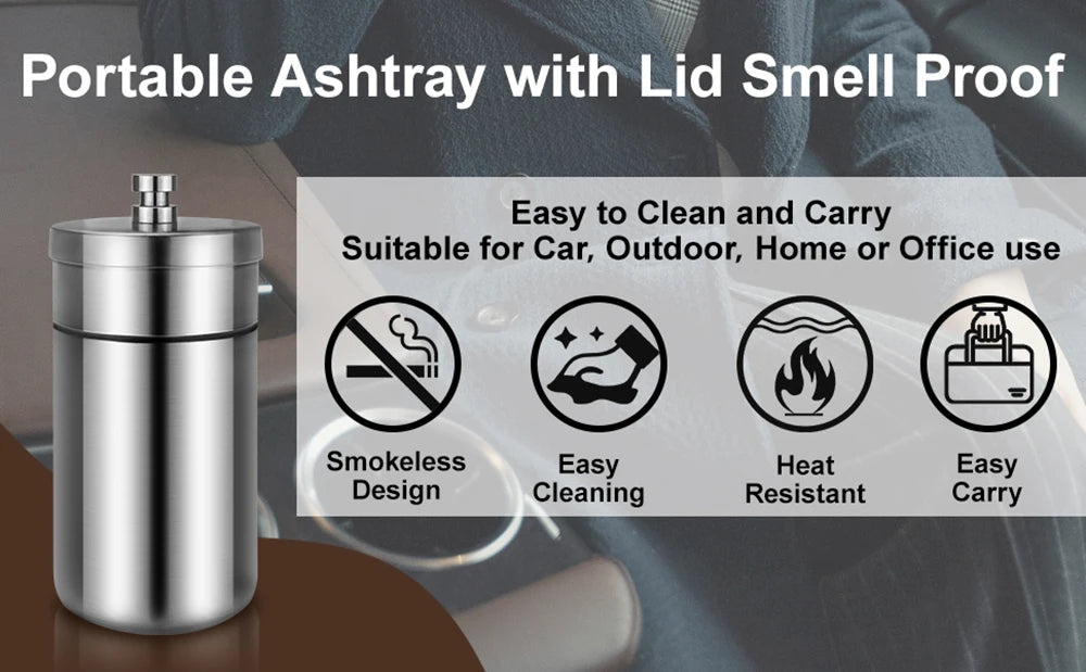 Portable Car Ashtray with Lid Stainless Steel Smokelss Ash Tray Detachable Windproof Ashtray for Auto Outdoor Mini Car Trash Can