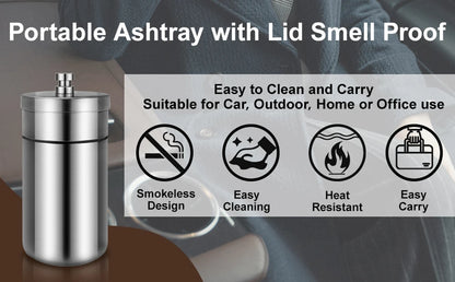 Portable Car Ashtray with Lid Stainless Steel Smokelss Ash Tray Detachable Windproof Ashtray for Auto Outdoor Mini Car Trash Can