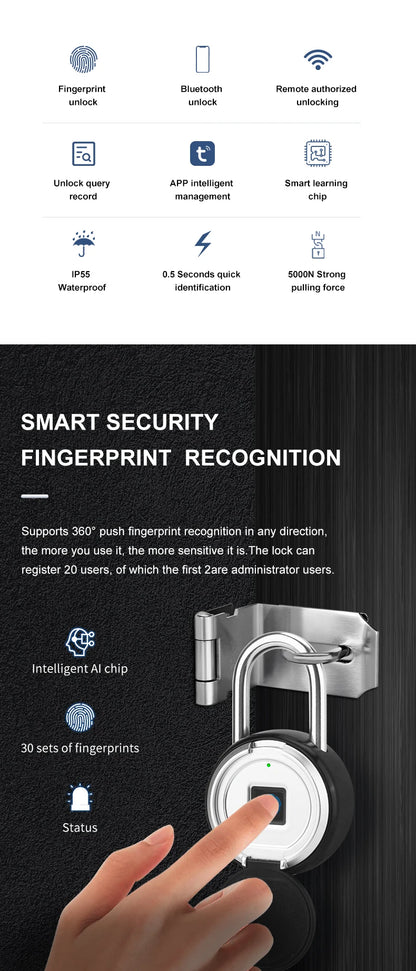 Smart Fingerprint Padlock 0.5s Unlock IP55 Waterproof Type-C Rechargeable for Luggage, Gym, Office, Zinc Alloy Anti-Theft Lock