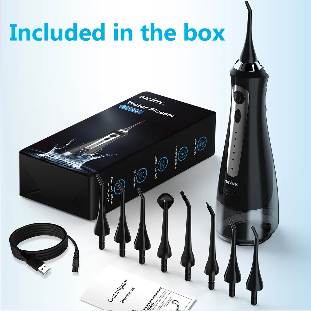 SEJOY Water Flosser Dental Oral Irrigator Teeth Whitening Strips Portable 230ML Tank 5 Modes 8 Jet Tips for Home Use