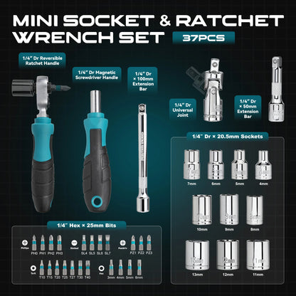 1/4" Ratchet Mini Socket Set 4-13 mm Socket Magnetic Drive Handle Extensions and Universal Joint for DIY and Car Repair 37PCS