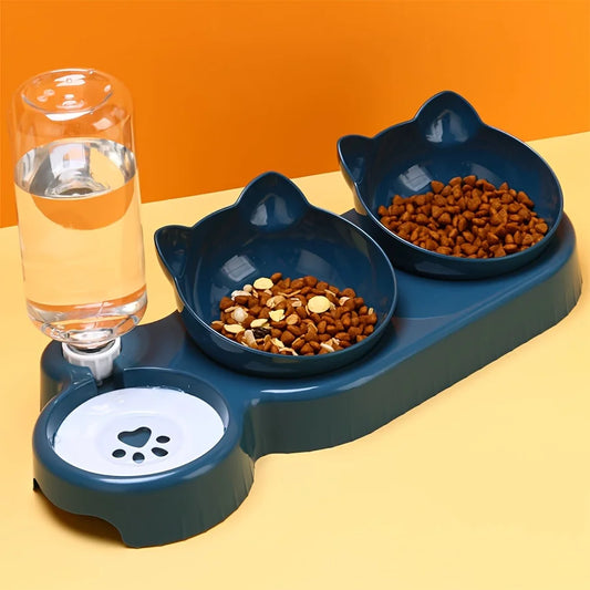 Pet Bowls With Water Feeder, 3-in-1 Ear Design Tilted Cat Water and Food Bowl Set With Gravity Water Bottle for Neck Protection