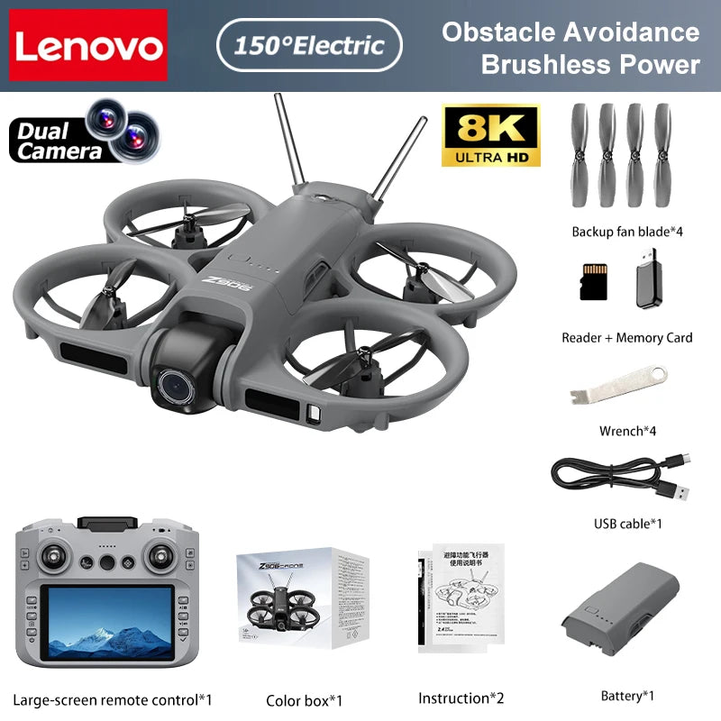 Dron Lenovo Z906 con Cámara Aérea 8K HD, Inteligente, con Sistema Anticolisión, Control Remoto con Pantalla Grande, Plegable, Motor sin Escobillas, GPS