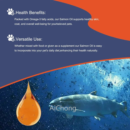Aceite de Salmón de Grado Humano (500ml, 300ml, 200ml, 100ml) para Perros y Gatos Suplemento de Ácidos Grasos Omega 3 para una Salud y Nutrición Óptimas