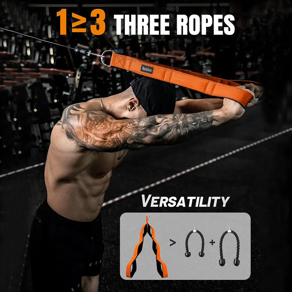 6-ring tricep rope with connection handle - heavy-duty training rope, adjustable length suitable for pushdowns and crunches.