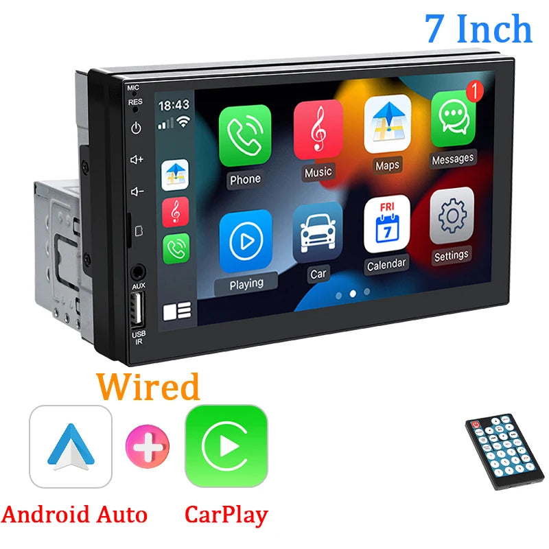 7“ Car Radio 1 Din Carplay Android Auto Multimedia Player HD Touch Screen FM AUX Input Bluetooth MirrorLink Universal Autoradio