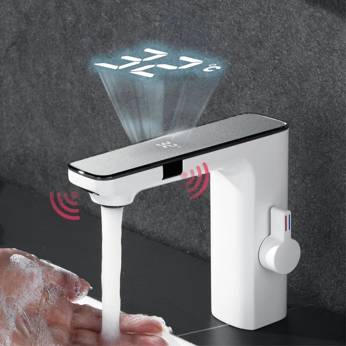 White Intelligent Brass Bathroom Faucet, Induction Design with LED Temperature Display, Single-Hole Single-Handle Hot and Cold Basin Tap