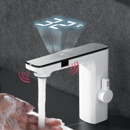White Intelligent Brass Bathroom Faucet, Induction Design with LED Temperature Display, Single-Hole Single-Handle Hot and Cold Basin Tap