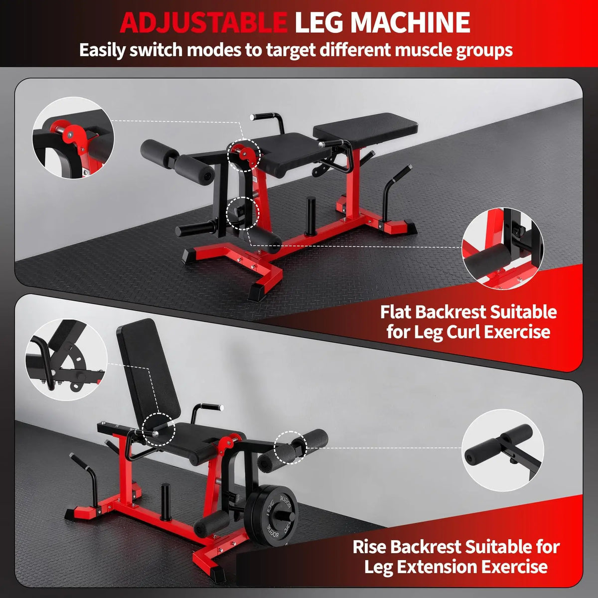 Adjustable Seated Leg Extension And Wave Machine Full Lower Body Trainer Reverse Hyper And Back Extension Home Gym Strength Equipment Black Red