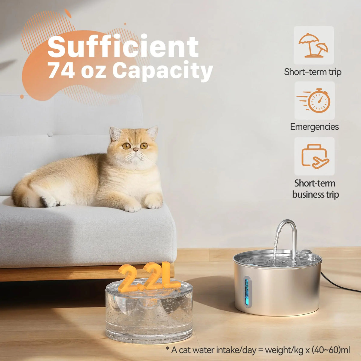 ZYFeeder 2.2L Automatic Stainless Steel Pet Water Fountain, Cat/Dog Drinking Bowl, Silent Water Dispenser with Window