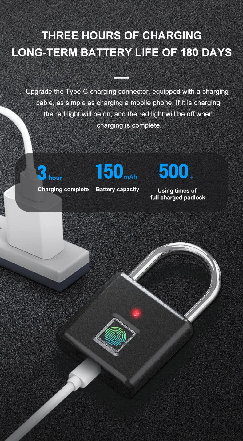 Smart Fingerprint Padlock 0.5s Unlock IP55 Waterproof Type-C Rechargeable for Luggage, Gym, Office, Zinc Alloy Anti-Theft Lock