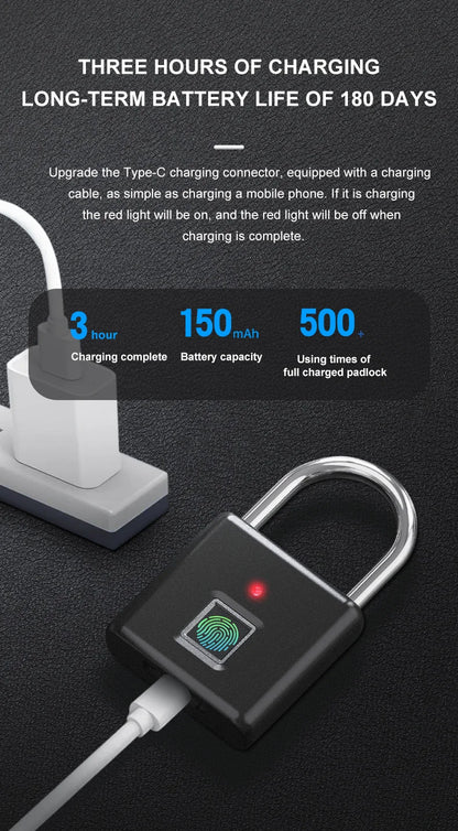 Smart Fingerprint Padlock 0.5s Unlock IP55 Waterproof Type-C Rechargeable for Luggage, Gym, Office, Zinc Alloy Anti-Theft Lock