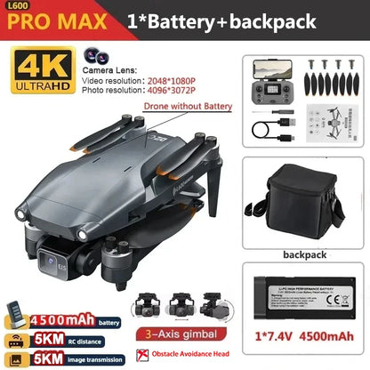 Dron GPS L600 PRO / PRO MAX Profesional 4K con Cámara Dual HD PTZ de 3 Ejes, Evitación de Obstáculos, Motor sin Escobillas, WIFI 5G, Dron de Seguridad