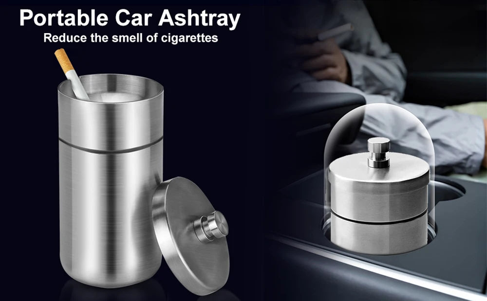 Portable Car Ashtray with Lid Stainless Steel Smokelss Ash Tray Detachable Windproof Ashtray for Auto Outdoor Mini Car Trash Can