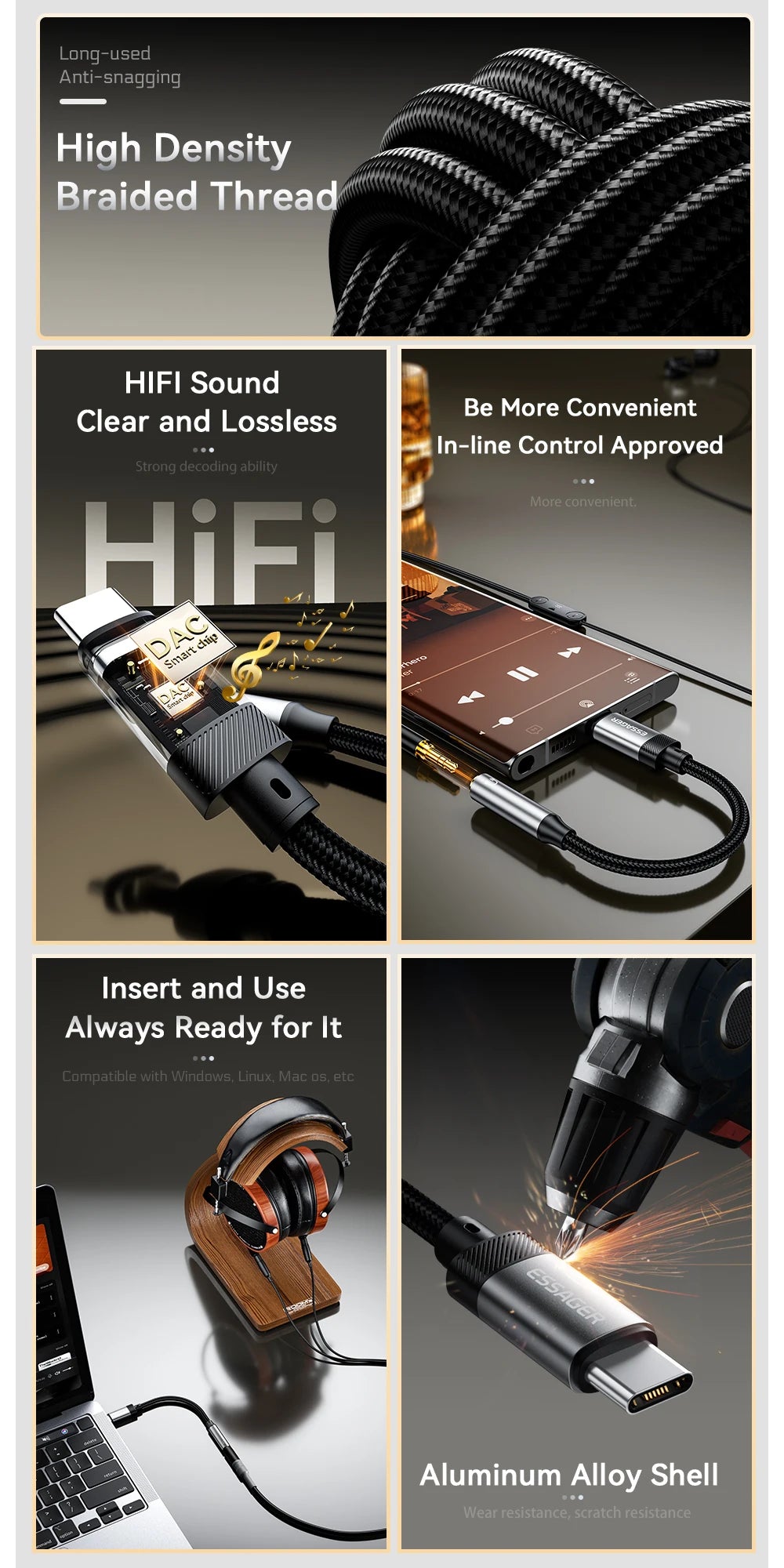 Essager Lighting to 3.5mm Jack Audio Adapter Headphone Aux Cable USB Type C to 3.5 Adapter OTG Type C For iPhone Xiaomi OnePlus