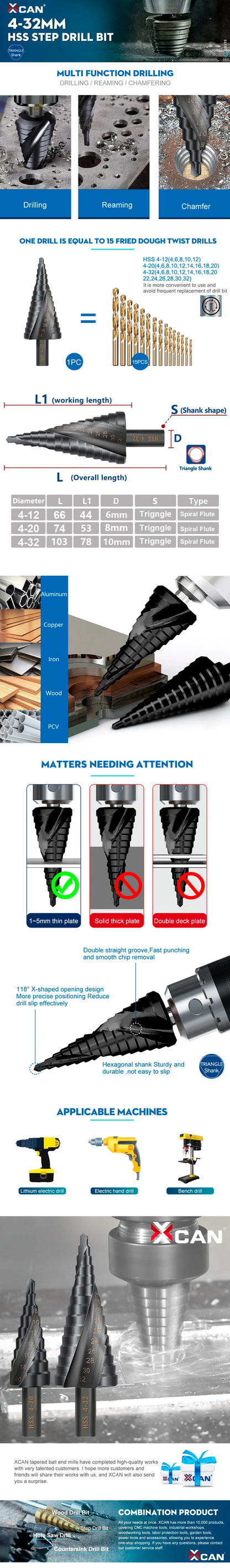 XCAN Step Drill Bit Metal Drill 4-12/20/32mm 6-30mm HSS Cobalt Step Cone Drill Bit Set Wood/Metal Hole Cutter Drilling Tool