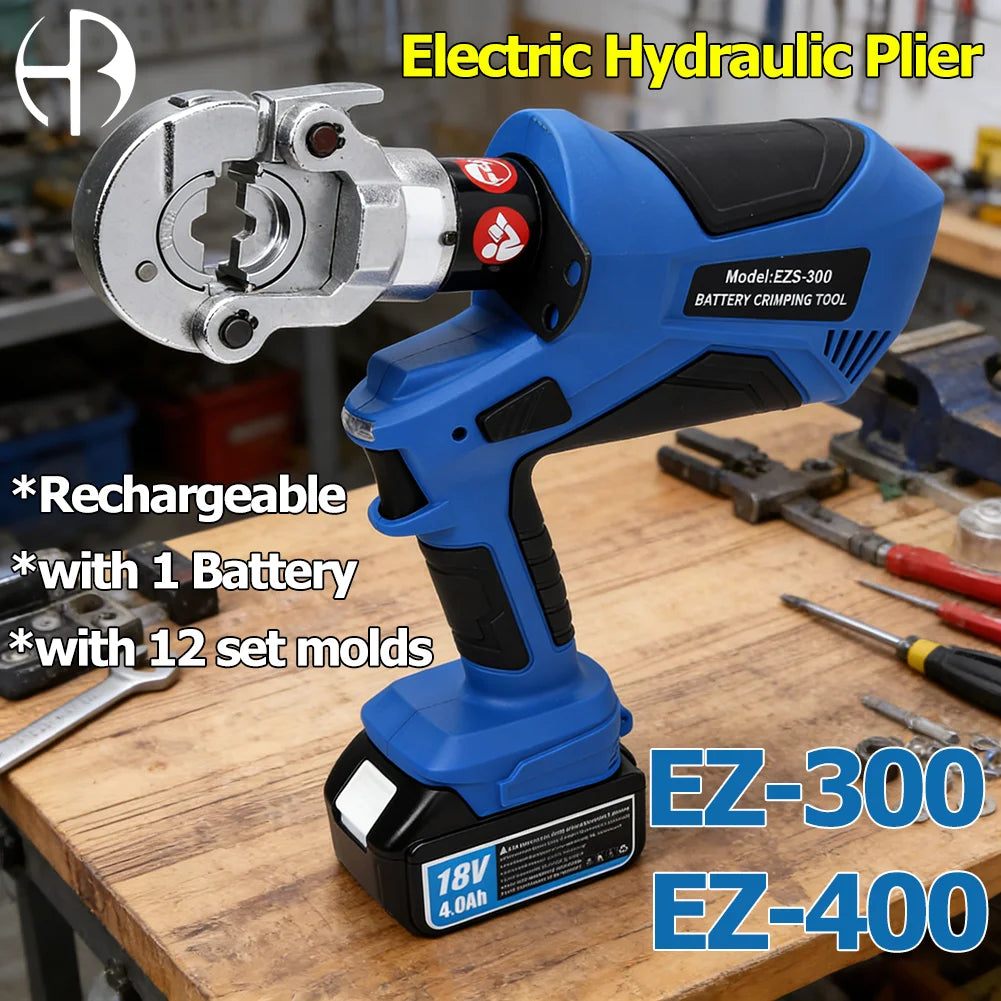 EZ-300 EZ-400 Electric Hydraulic Plier with Battery Handheld Rechargeable Cable Copper Aluminum Terminal Crimping Tool & 12 Sets of Dies