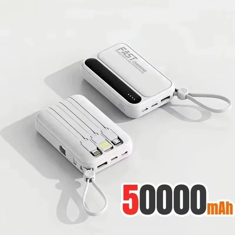 Lenovo Mini 50000mAh Fast Charging Battery Pack Power Bank with 4 Built-in Type C Cables for iPhone, Samsung, and Android Devices