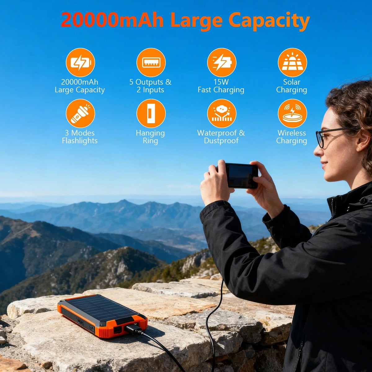 20000mAh Portable Solar Power Bank with Dual LED Lights, 4 Built-in Cables, and Fast Charging for iPhone, Android Phones, and AirPods