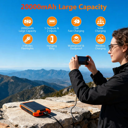 20000mAh Portable Solar Power Bank with Dual LED Lights, 4 Built-in Cables, and Fast Charging for iPhone, Android Phones, and AirPods