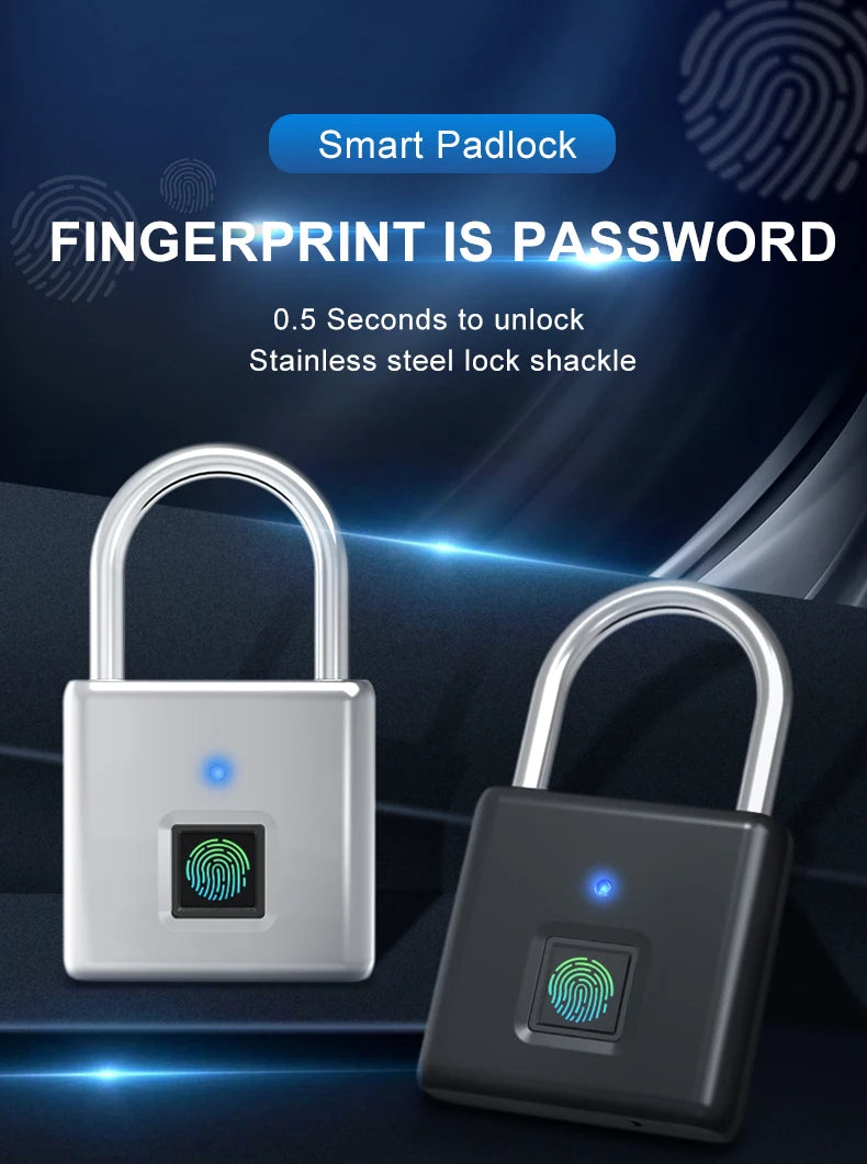 Smart Fingerprint Padlock 0.5s Unlock IP55 Waterproof Type-C Rechargeable for Luggage, Gym, Office, Zinc Alloy Anti-Theft Lock