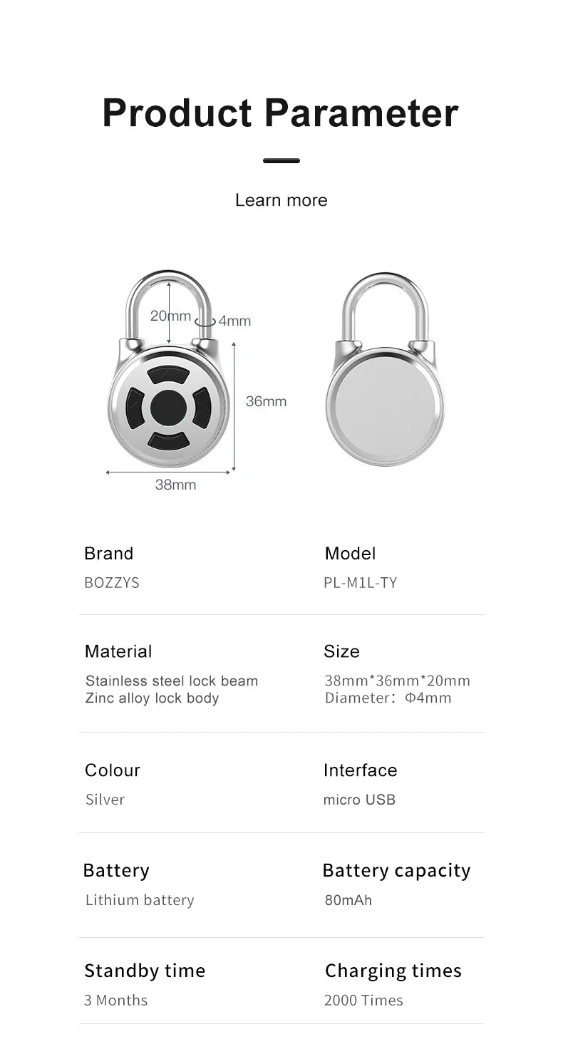 Smart Fingerprint Padlock 0.5s Unlock IP55 Waterproof Type-C Rechargeable for Luggage, Gym, Office, Zinc Alloy Anti-Theft Lock