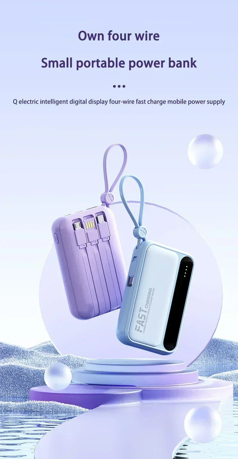 Lenovo Mini 50000mAh Fast Charging Battery Pack Power Bank with 4 Built-in Type C Cables for iPhone, Samsung, and Android Devices