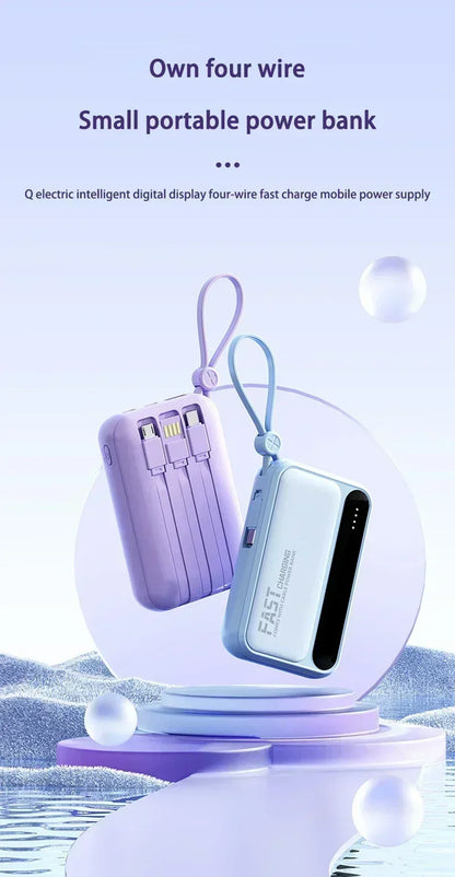 Lenovo Mini 50000mAh Fast Charging Battery Pack Power Bank with 4 Built-in Type C Cables for iPhone, Samsung, and Android Devices
