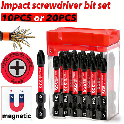 10/20 Piece S2 Steel PH2 Impact Screwdriver Bit Set, 50mm, Strong Magnetic, Anti-Twist, High Hardness, with Red Storage Box