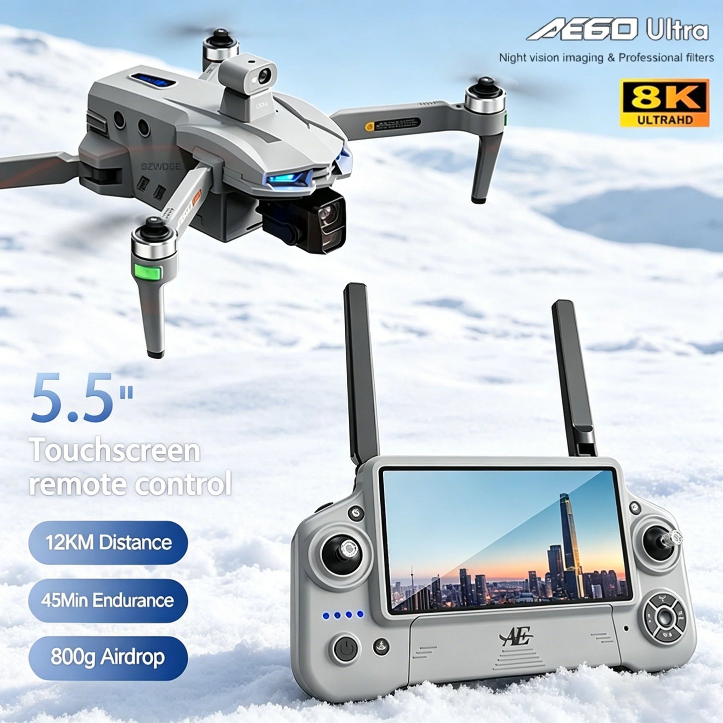 Nuevo Dron AE60 con GPS, Cámara HD Profesional 8K, Gimbal de 3 Ejes sin Escobillas, Evitación de Obstáculos, Pantalla Táctil, Lanzamiento Aéreo, FPV, Drones de Seguridad