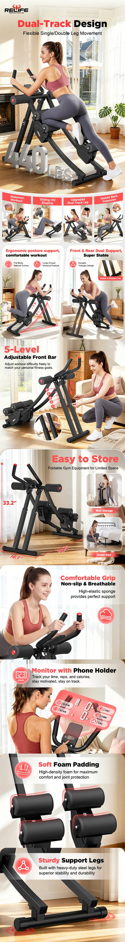 Relife Sports Dual Split‑Track Ab Machine, Foldable Core Trainer for Home Fitness, 5‑Level Adjustable Resistance Workout Equipment, 440 LBS Capacity with LCD Display