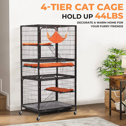 4-Tier Cat Cage Indoor, Large Wire Ferret Cage with Hammock, Ladders, Wheels for Small Pets, Black