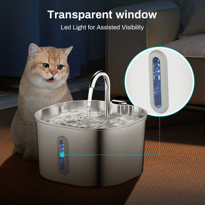 ZYFeeder 2.2L Automatic Stainless Steel Pet Water Fountain, Cat/Dog Drinking Bowl, Silent Water Dispenser with Window