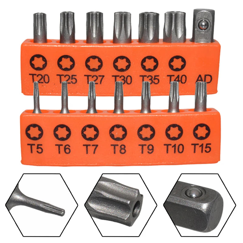 Torx Screwdriver Bit Set Tamper Proof Security Drill Bits 25mm Long Magnetic Flat Head 1/4” Hex Screw Driver Hand Tools T5-T40