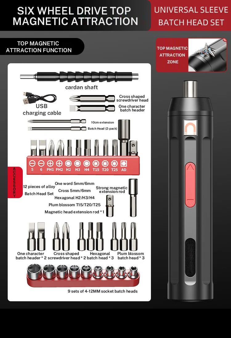 Cordless Electric Screwdriver, Rechargeable Power Screwdriver Set, Automatic Home Repair Tool Kit with USB Cable and LED Lights