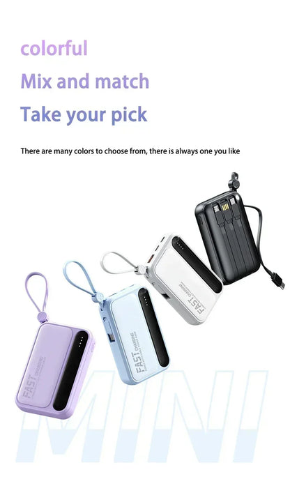 Lenovo Mini 50000mAh Fast Charging Battery Pack Power Bank with 4 Built-in Type C Cables for iPhone, Samsung, and Android Devices